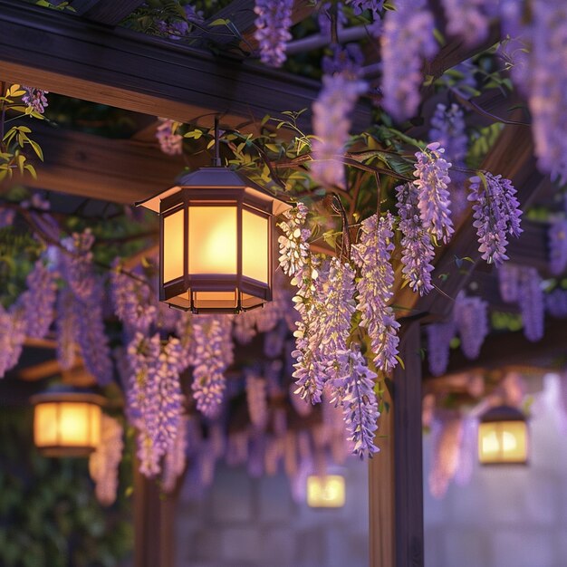 Closeup of blooming wisteria on wooden beams by a hanging street lamp