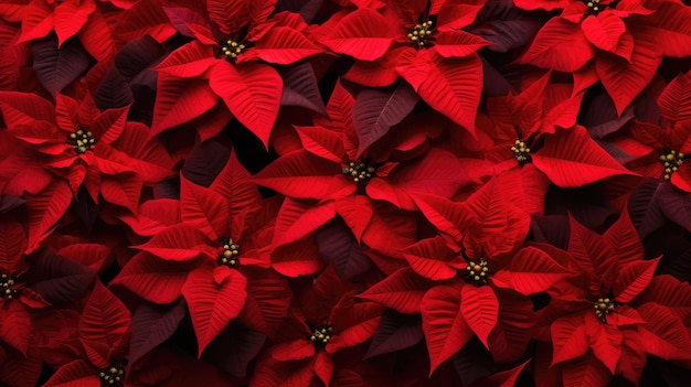 A closeup of the blossomed beautiful red poinsettia flowers created with Generative AI technology