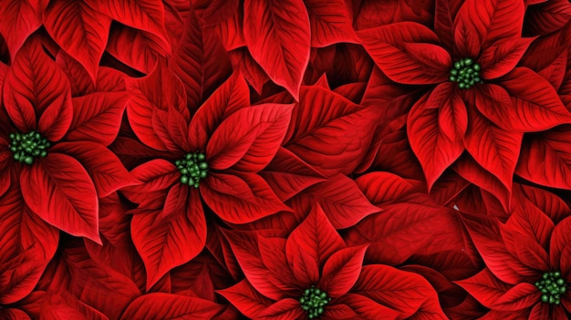 A closeup of the blossomed beautiful red poinsettia flowers created with Generative AI technology