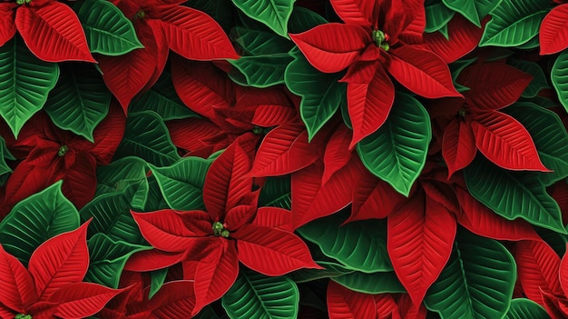 A closeup of the blossomed beautiful seamless red poinsettia flowers created with Generative AI technology