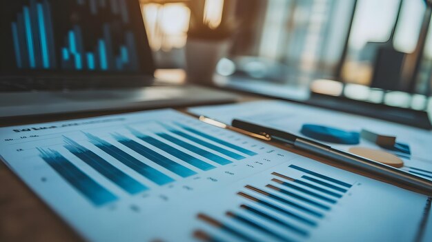 Closeup of Blue Bar Graphs and Pen on a Desk