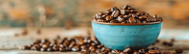 Closeup of a Blue Bowl Filled with Roasted Coffee Beans on a Rustic Wooden Surface Preparing Dark