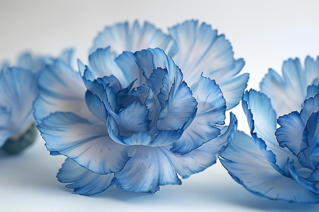 Closeup of blue carnations petals in shades of light and dark blue arranged to form an abstract pa