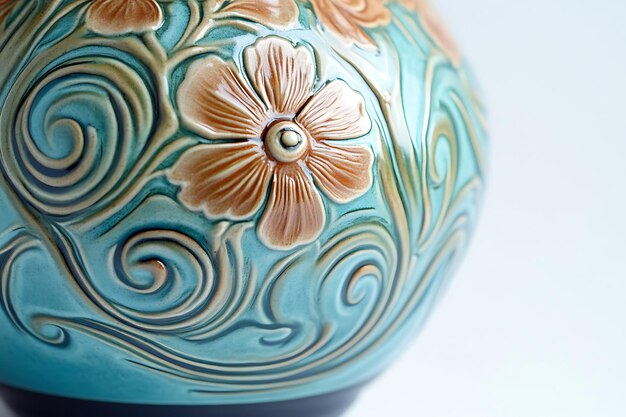 Photo closeup of a blue ceramic vase with floral design