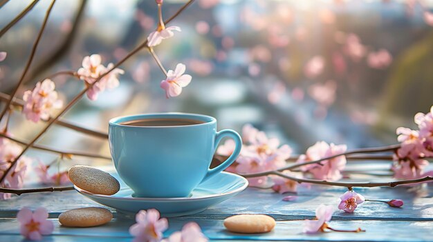 Closeup of blue coffee cup with cookies Sakura blossom morning sunlight bokeh background