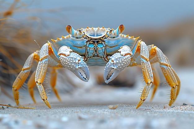 Closeup of a blue crab on a sandy beach in Morocco