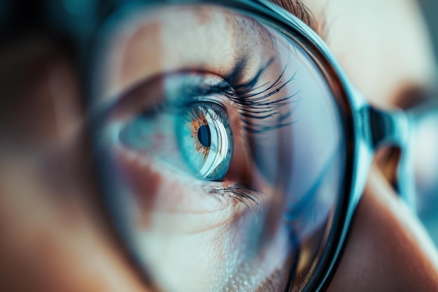 Photo closeup of a blue eye seen through glasses with meticulous detail in the iris and a sense of deep contemplation reflected in the lens