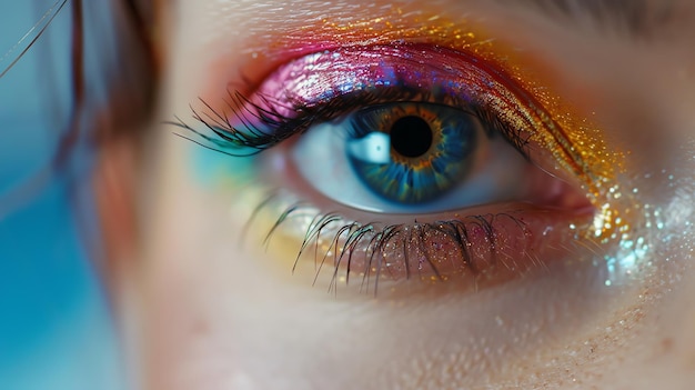 Closeup of a blue eye with colorful glittery makeup