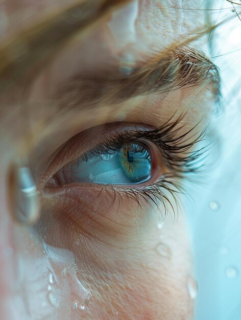 CloseUp of Blue Eye with Water Droplets Emotional and Reflective