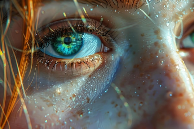 Closeup of a blue eye with water droplets