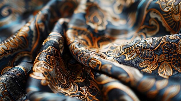 Closeup of a blue fabric with a gold paisley pattern