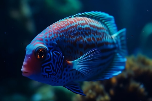 Closeup on blue fish in the ocean Generative AI