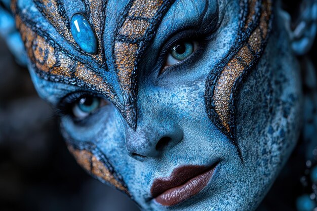 Photo closeup of a blue and gold face with striking eyes