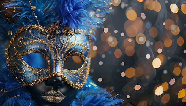 A closeup of a blue and gold masquerade mask with feathers set against a bokeh background