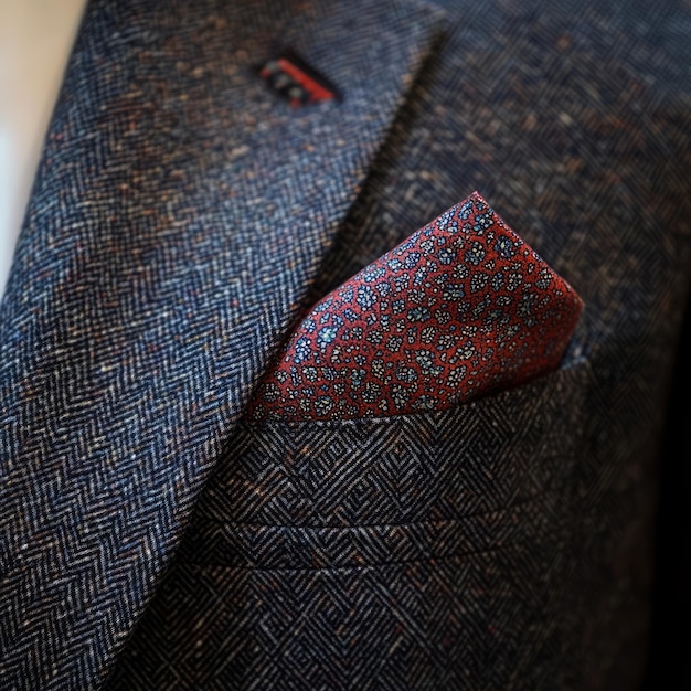 Closeup of a blue herringbone patterned suit jacket with a red patterned pocket square