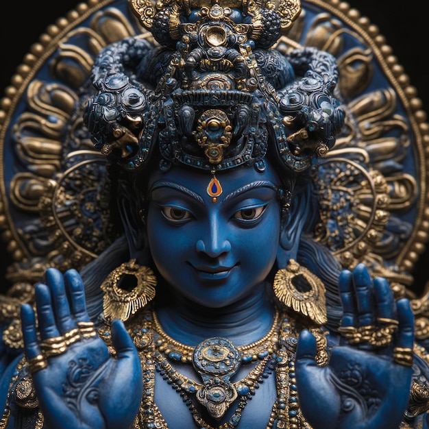 Photo closeup of a blue hindu deity statue with golden accents and a red dot on its forehead