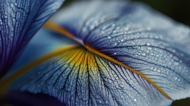 Photo closeup of a blue iris petal with dew drops