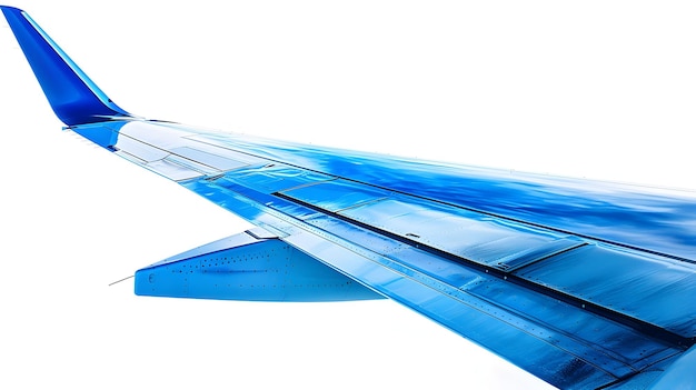 Photo closeup of blue jet wing showcasing aerodynamic design on white background