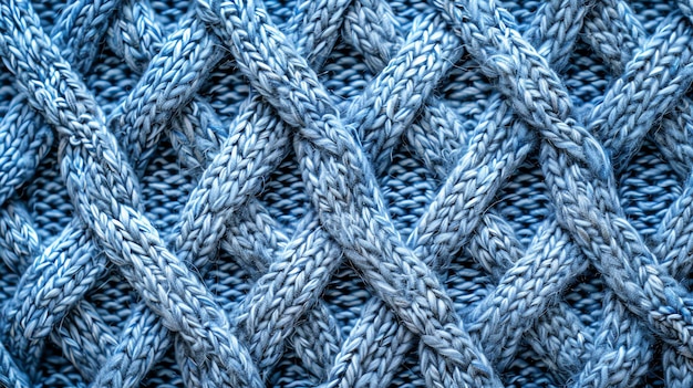 Closeup of a blue knit fabric with a cable knit pattern