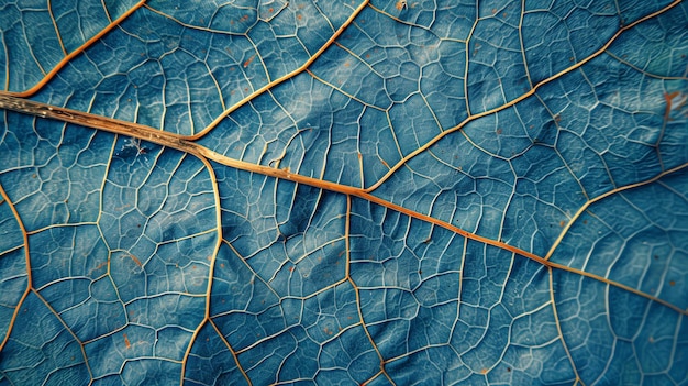 Closeup of a blue leafs intricate vein pattern