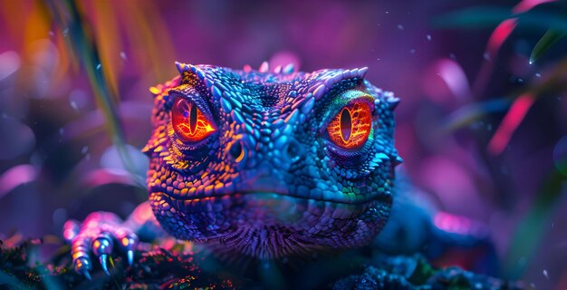 Photo closeup of a blue lizard with fiery eyes illustration