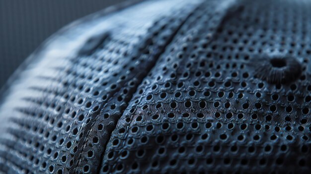 A closeup of a blue mesh fabric with repeating circular patterns