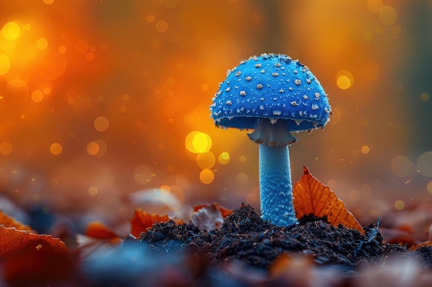 Closeup of a blue mushroom with water droplets growing in the forest with warm orange and yellow bokeh background Mushroom photography