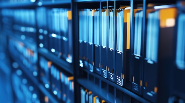 Photo closeup of blue and orange files in a shelf