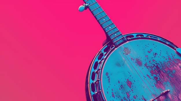 Photo a closeup of a blue and pink banjo against a pink background the banjo is in focus and the background is out of focus