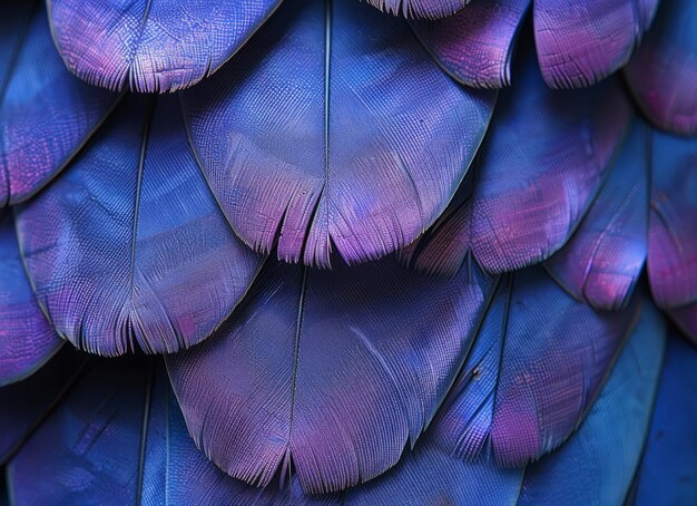 Photo closeup of blue and purple feathers