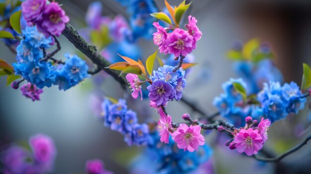 Photo a closeup of blue and purple plum blossoms blooming vibrantly on a branch