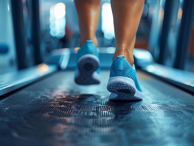 Closeup of Blue Running Shoes on a Treadmill During Exercise