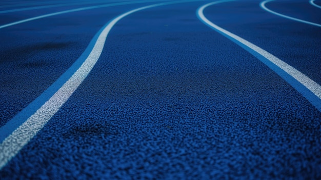 Closeup of a blue running track with white lines conveying the concepts of sports competition