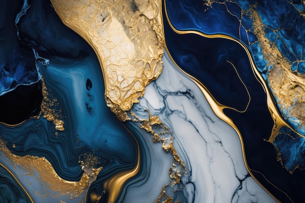 Closeup of blue and shiny gold spirit ink abstract texture fashionable wallpaper AI Generation