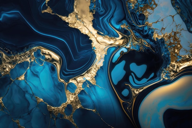 Closeup of blue and shiny gold spirit ink abstract texture fashionable wallpaper AI Generation