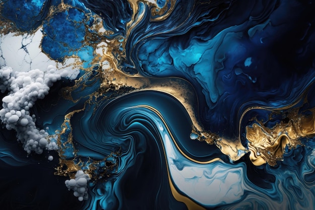 Closeup of blue and shiny gold spirit ink abstract texture fashionable wallpaper AI Generation