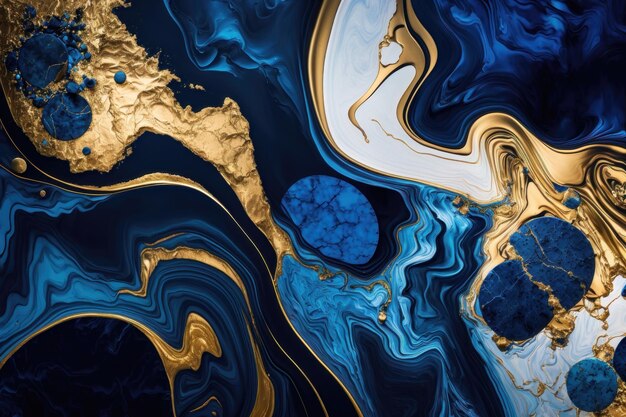 Closeup of blue and shiny gold spirit ink abstract texture fashionable wallpaper AI Generation