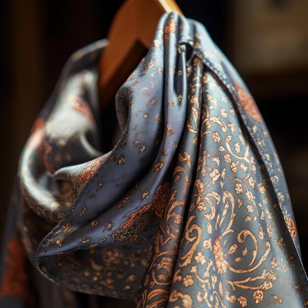 A closeup of a blue silk scarf with a floral pattern hanging on a wooden hanger