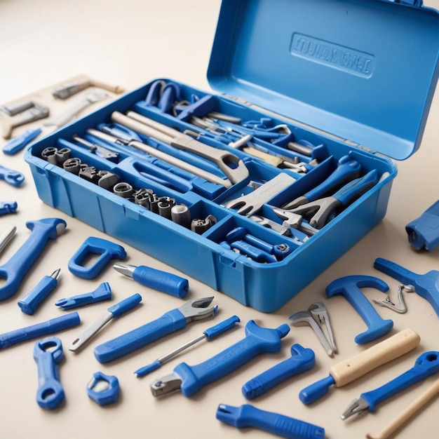 Closeup of a blue toolbox filled with blue tools Additional blue tools scattered around