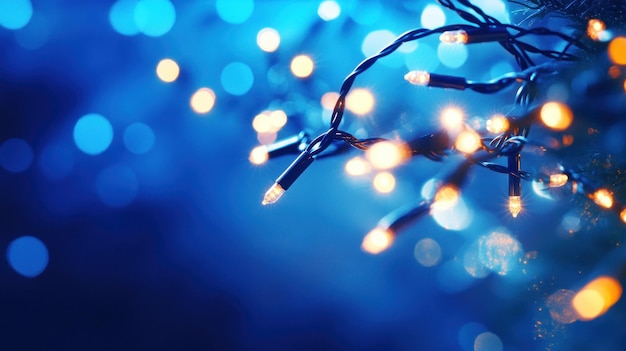 A closeup of blue and warm white decorative lights creating a festive atmosphere