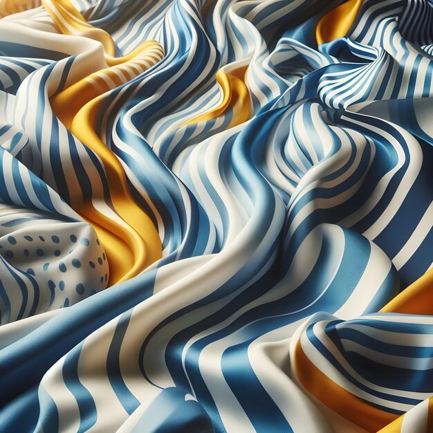 Photo closeup of blue white and yellow striped silk fabric fluttering in the wind