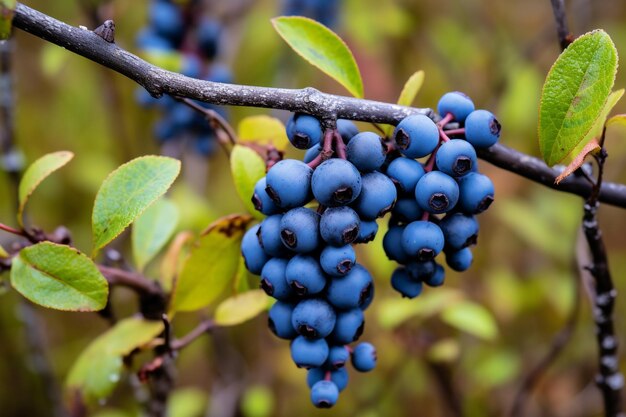 Closeup of blueberry bushes with ripe berries