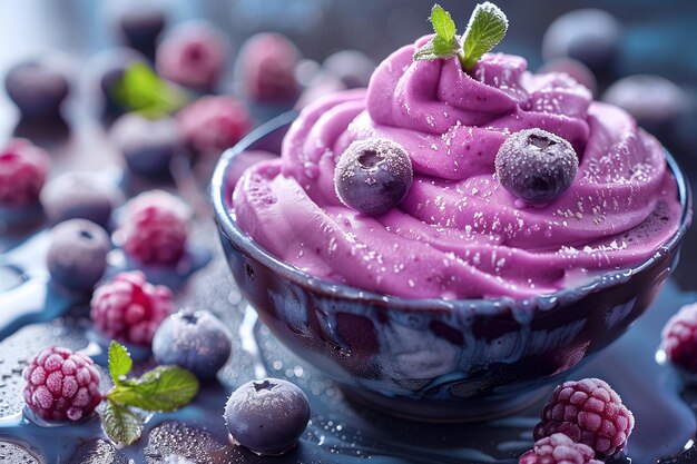 Photo closeup of blueberry ice cream float served in a bowl