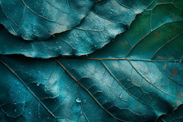 Closeup of bluegreen leaves with water droplets