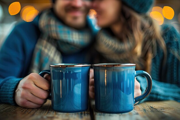 Photo closeup blurred couple with blue mugs