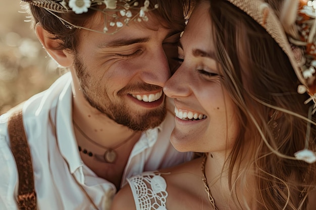 Closeup of bohemian wedding pair smiling