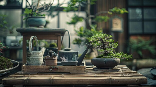 A closeup of bonsai tools including shears wire cutters and a watering can arranged neatly on a wooden tray