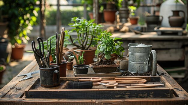 A closeup of bonsai tools including shears wire cutters and a watering can arranged neatly on a wooden tray