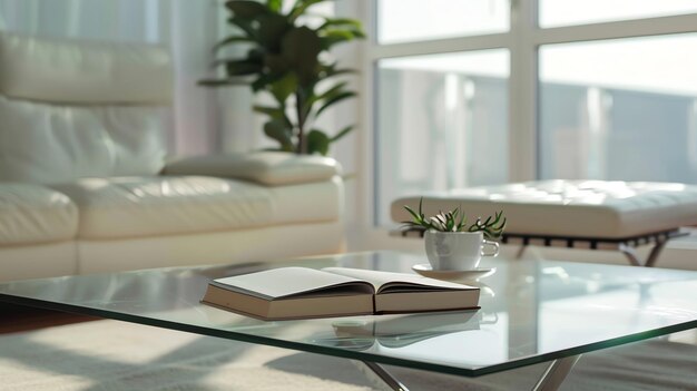 Closeup of a book on a glass coffee table in a modern living room