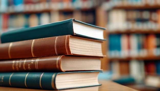 CloseUp of Books on a Wooden Table in a Library